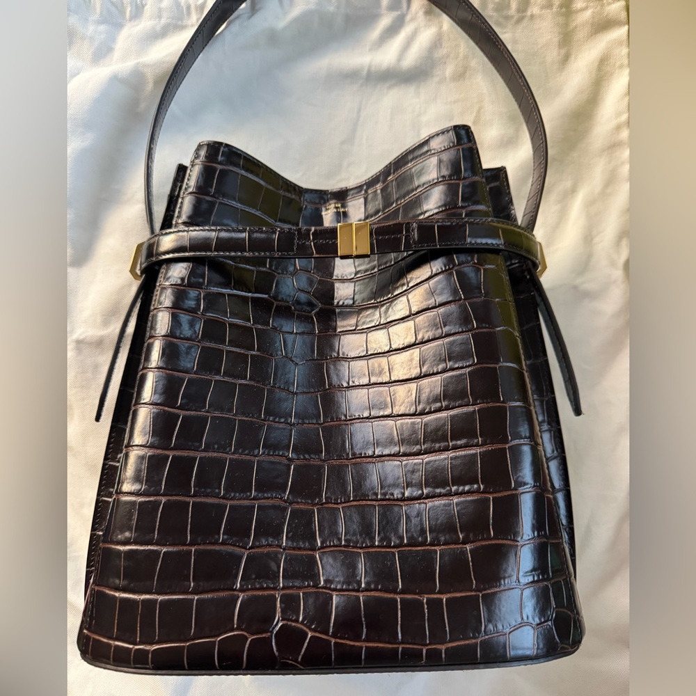 $1495 Toteme Dark Brown Belted Croc-Embossed Tote Bag - Picture 9 of 14